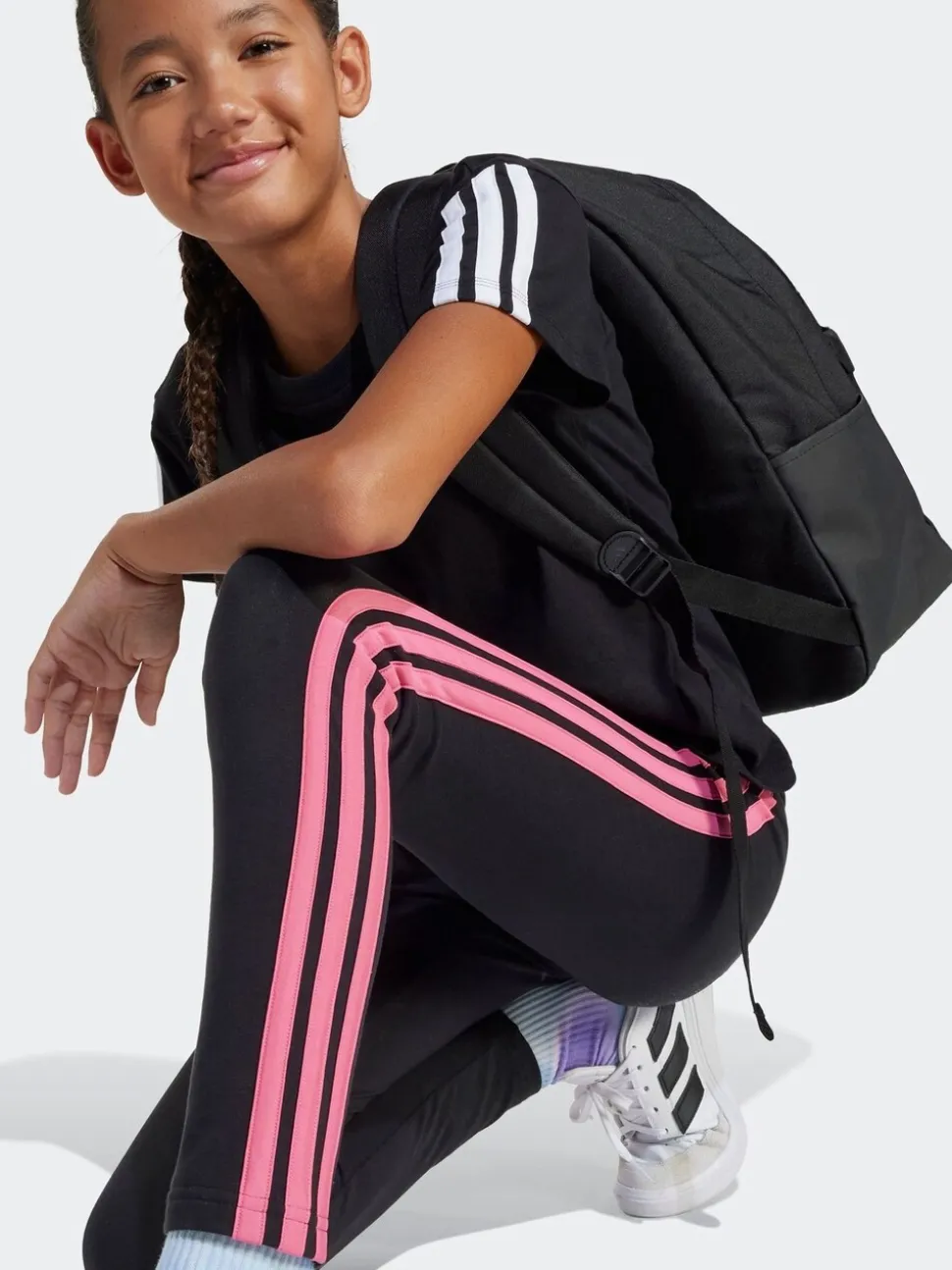adidas Black/Pink Essentials 3-Stripes Kids Leggings