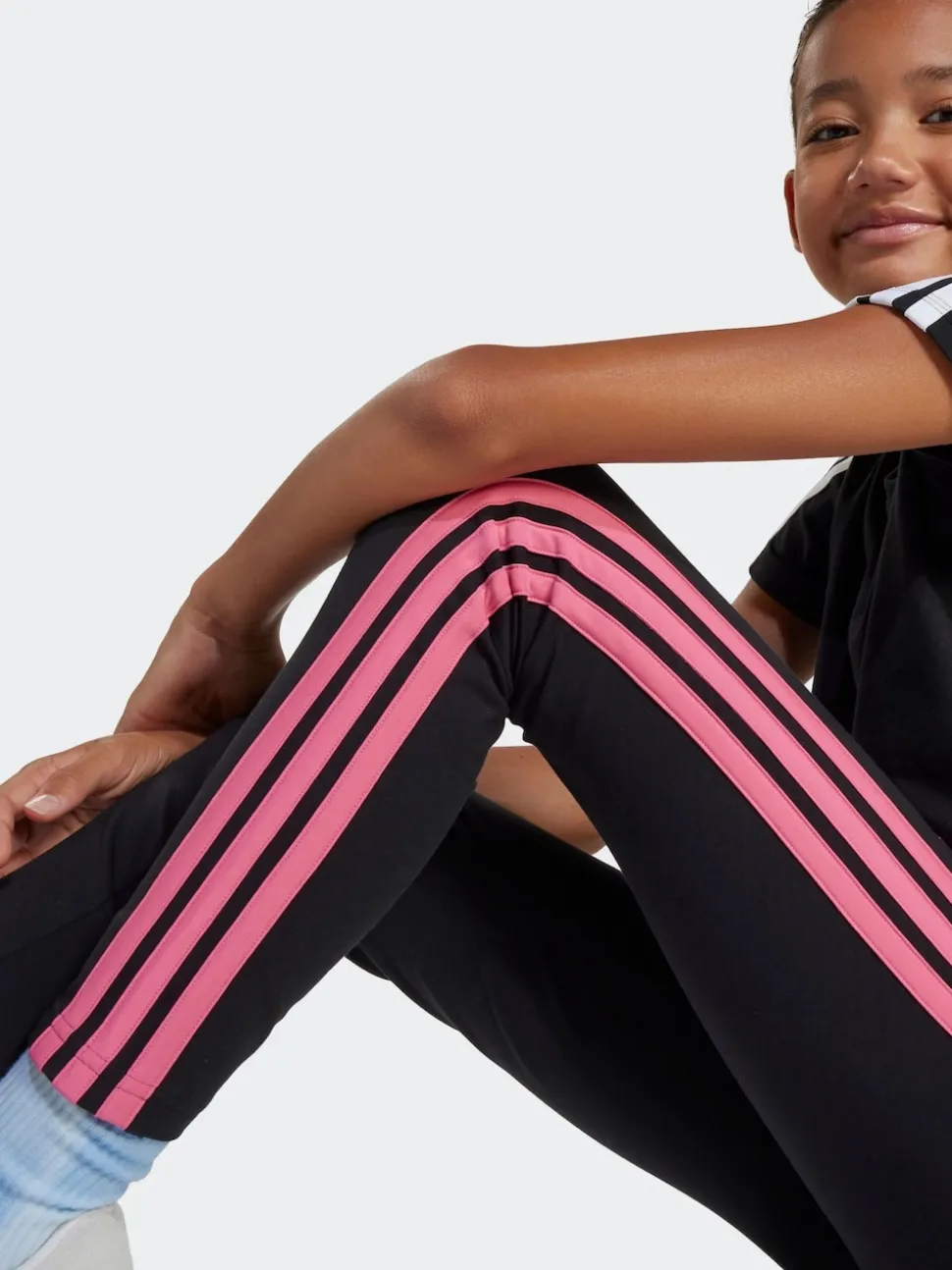 adidas Black/Pink Essentials 3-Stripes Kids Leggings