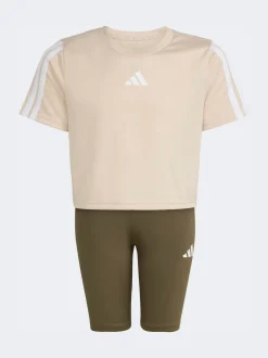 adidas Brown Train Essentials 3-Stripes T-Shirt and Bike Short Set Kids