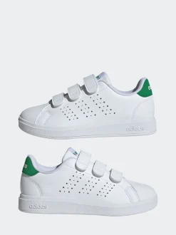 adidas White Green Advantage Base 2.0 Hook and Loop Kids Trainers