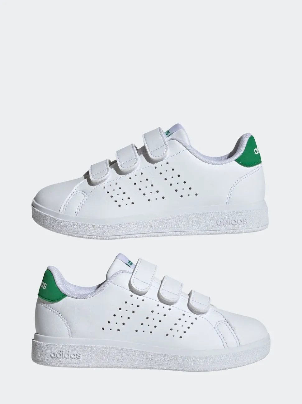 adidas White Green Advantage Base 2.0 Hook and Loop Kids Trainers