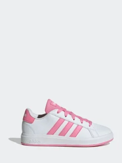 adidas White/Pink Grand Court Lace-Up Kids Trainers