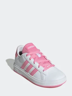 adidas White/Pink Grand Court Lace-Up Kids Trainers