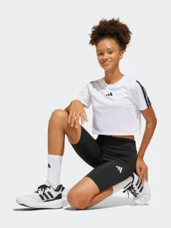 adidas White Train Essentials 3-Stripes T-Shirt and Bike Short Set Kids