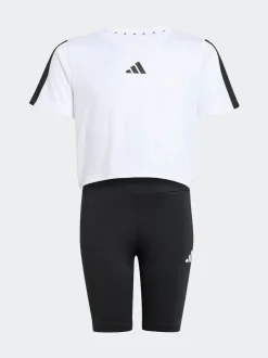 adidas White Train Essentials 3-Stripes T-Shirt and Bike Short Set Kids