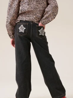 Angel & Rocket Black Piper Leopard Print Star Applique Wide Leg Jeans