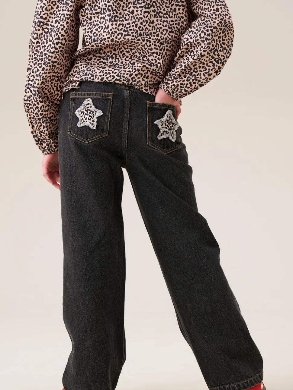 Angel & Rocket Black Piper Leopard Print Star Applique Wide Leg Jeans