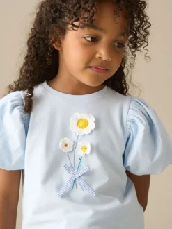 Angel & Rocket Blue Daisy Flower Embroidered Puff Sleeve T-Shirts