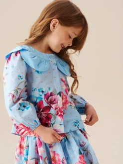 Angel & Rocket Blue Darcy Blue Print Petal Collar Top