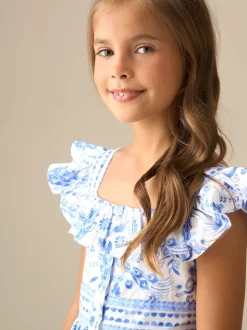 Angel & Rocket Blue Ellery Print Ruffle Sleeve Dress