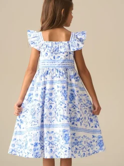 Angel & Rocket Blue Ellery Print Ruffle Sleeve Dress