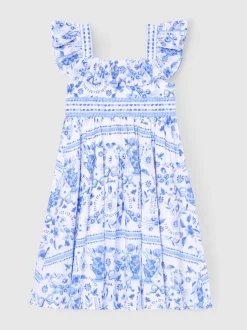 Angel & Rocket Blue Ellery Print Ruffle Sleeve Dress