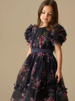 Angel & Rocket Blue Florence Navy Ruffle Mesh Sleeve Dress