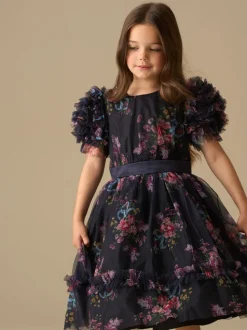 Angel & Rocket Blue Florence Navy Ruffle Mesh Sleeve Dress