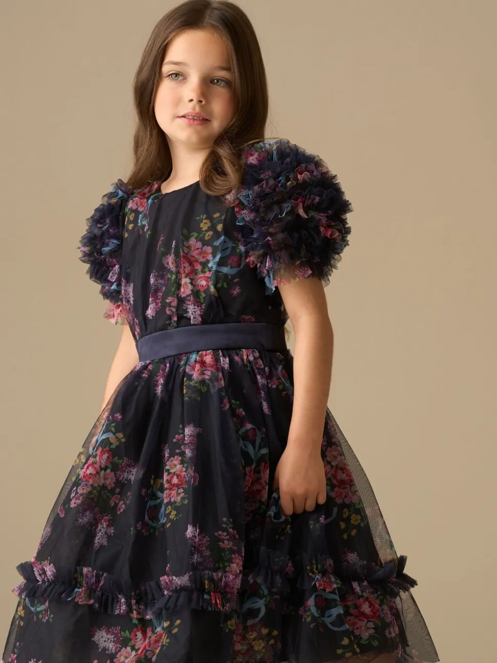 Angel & Rocket Blue Florence Navy Ruffle Mesh Sleeve Dress