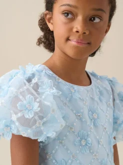 Angel & Rocket Blue Francine Embellished Puff Sleeve Dress