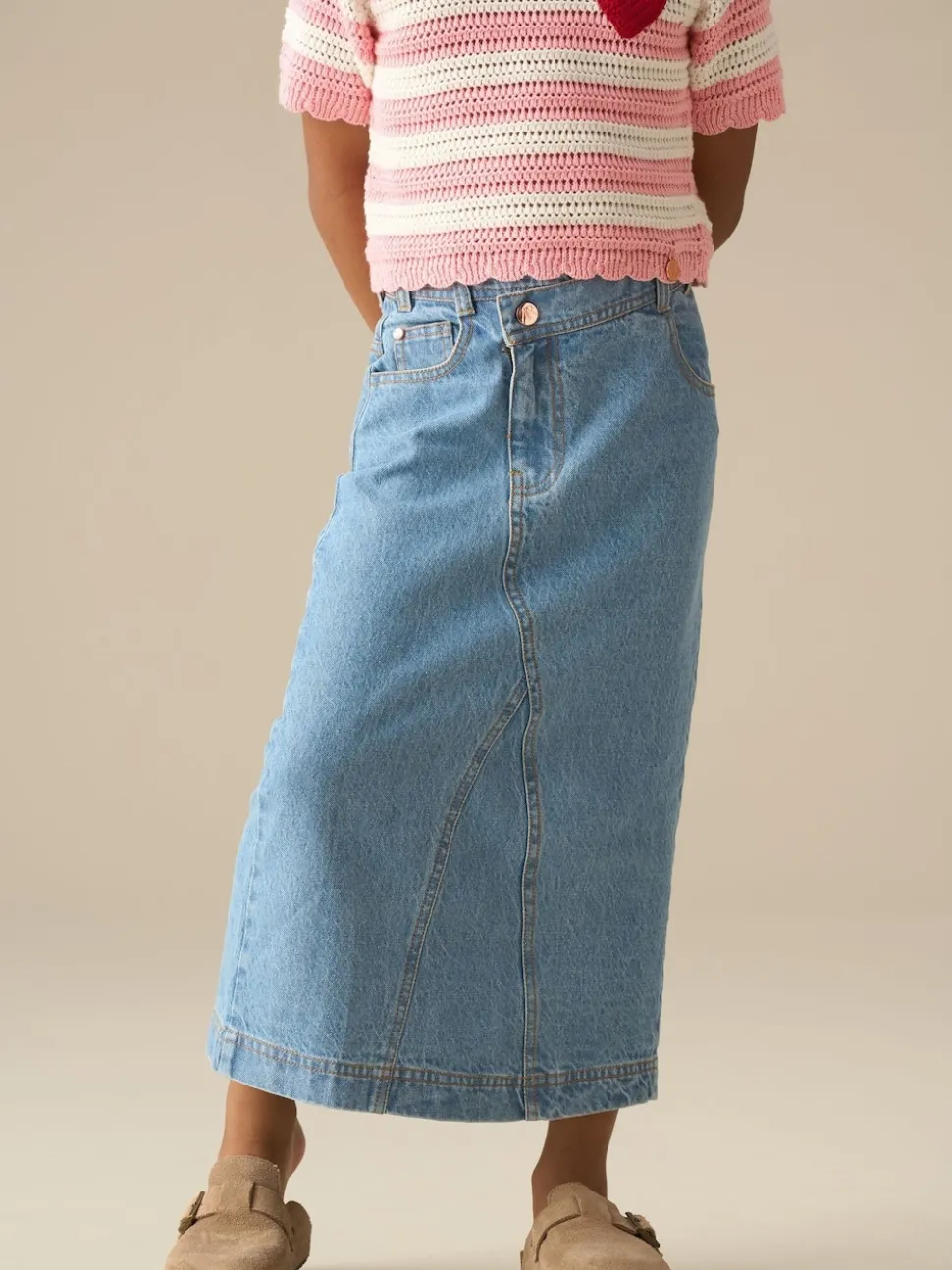Angel & Rocket Blue Kendal Asymmetric Waist Denim Midi Skirt