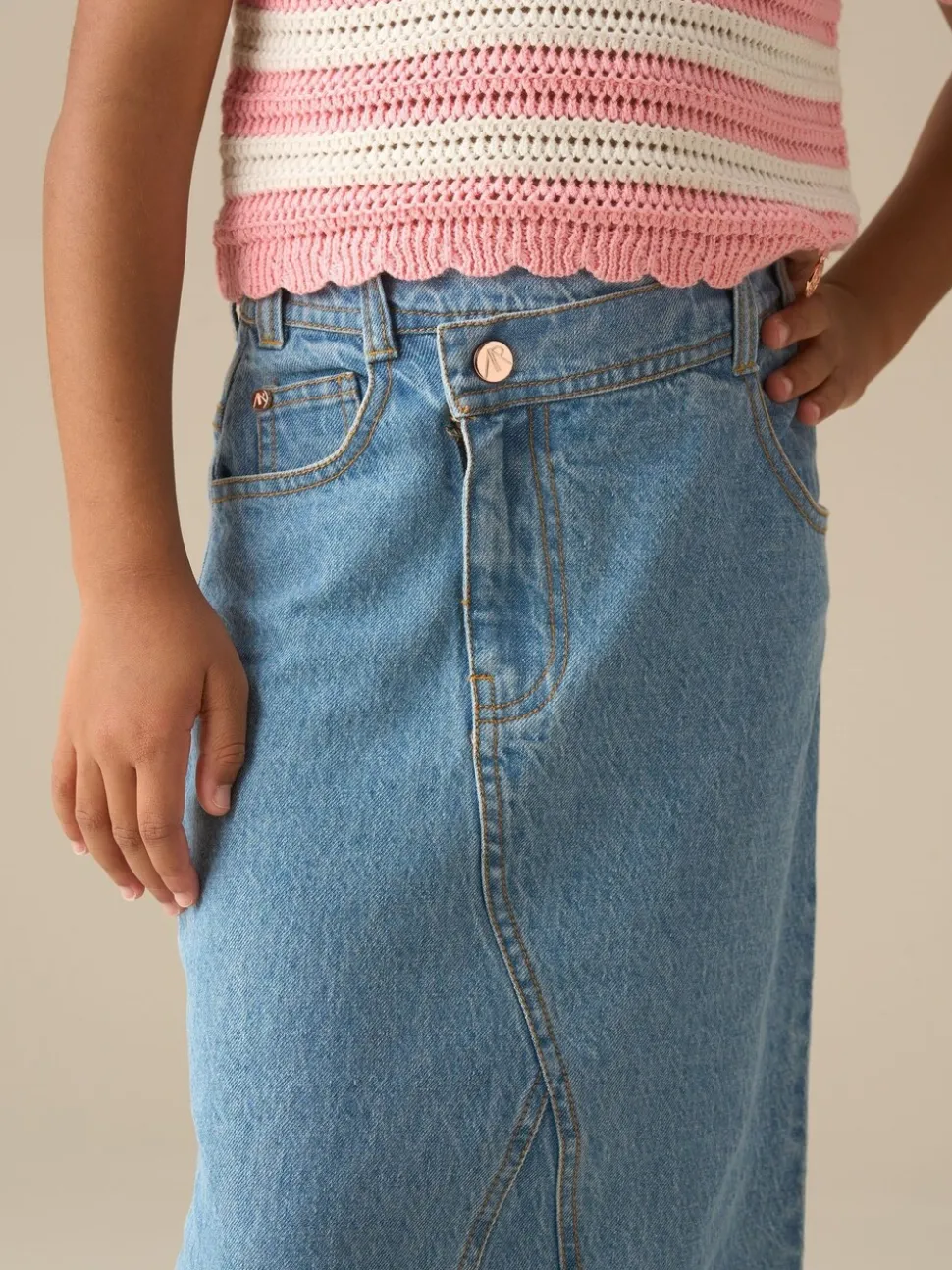 Angel & Rocket Blue Kendal Asymmetric Waist Denim Midi Skirt