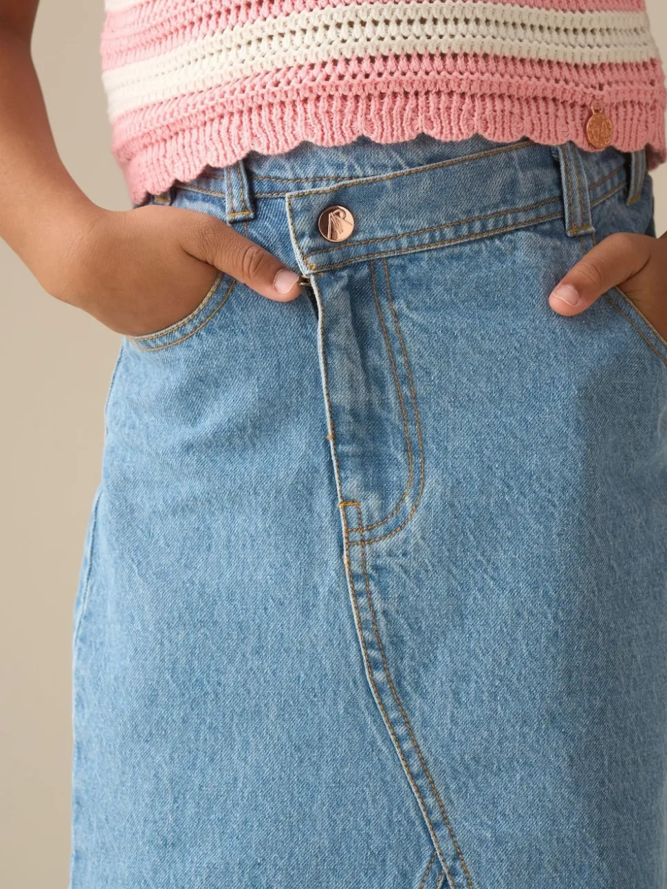 Angel & Rocket Blue Kendal Asymmetric Waist Denim Midi Skirt