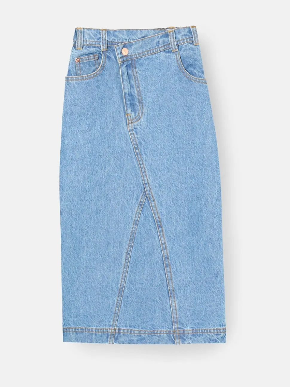 Angel & Rocket Blue Kendal Asymmetric Waist Denim Midi Skirt