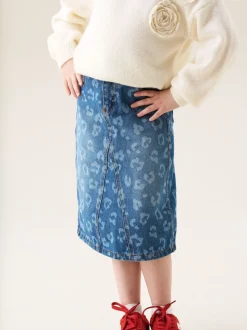 Angel & Rocket Blue Kendal Leopard Print Denim Midi Skirt