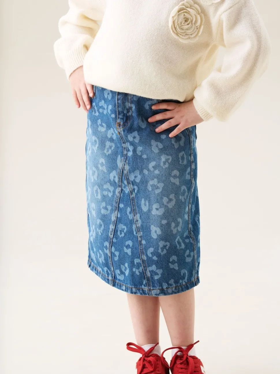 Angel & Rocket Blue Kendal Leopard Print Denim Midi Skirt