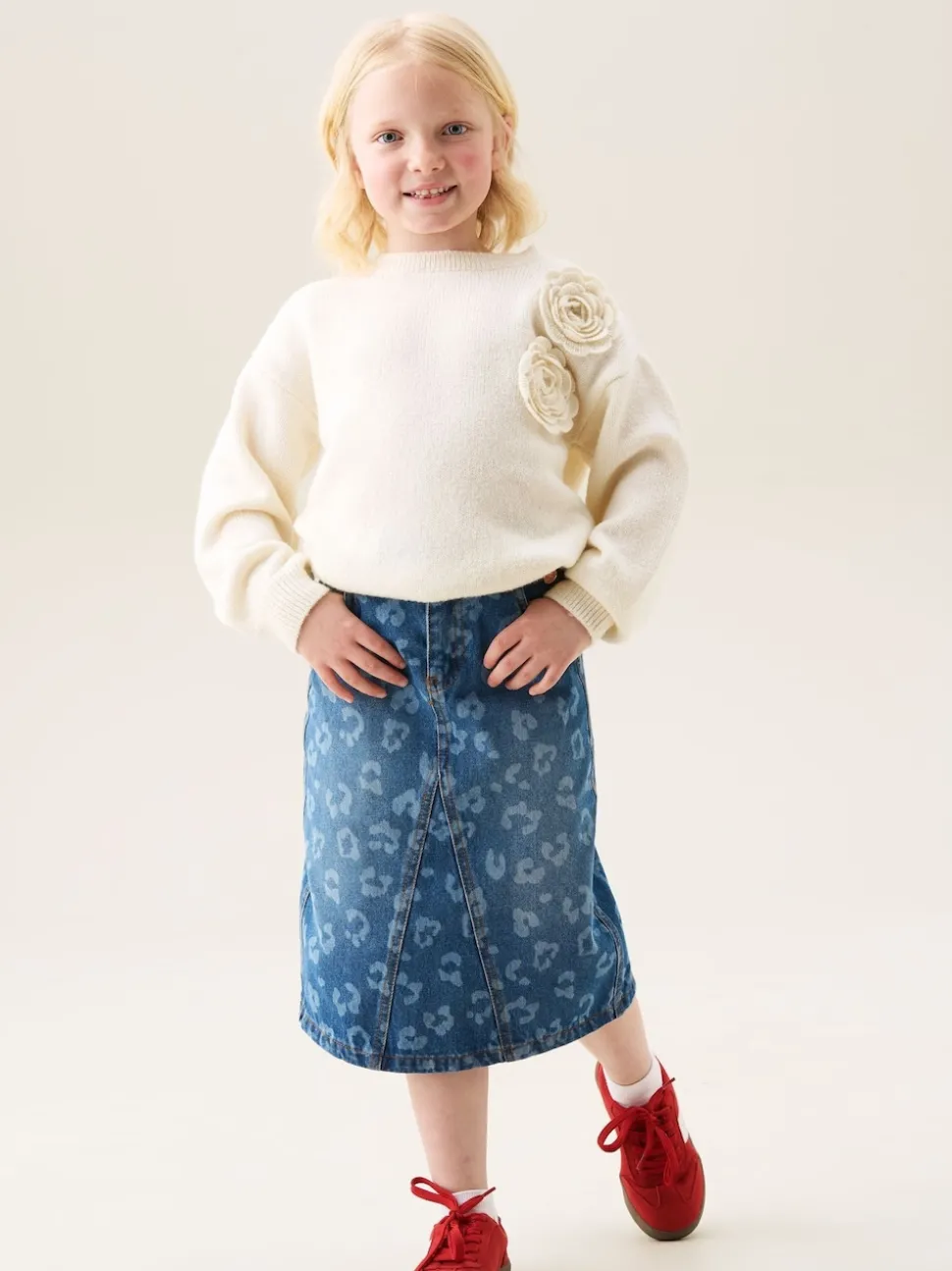 Angel & Rocket Blue Kendal Leopard Print Denim Midi Skirt