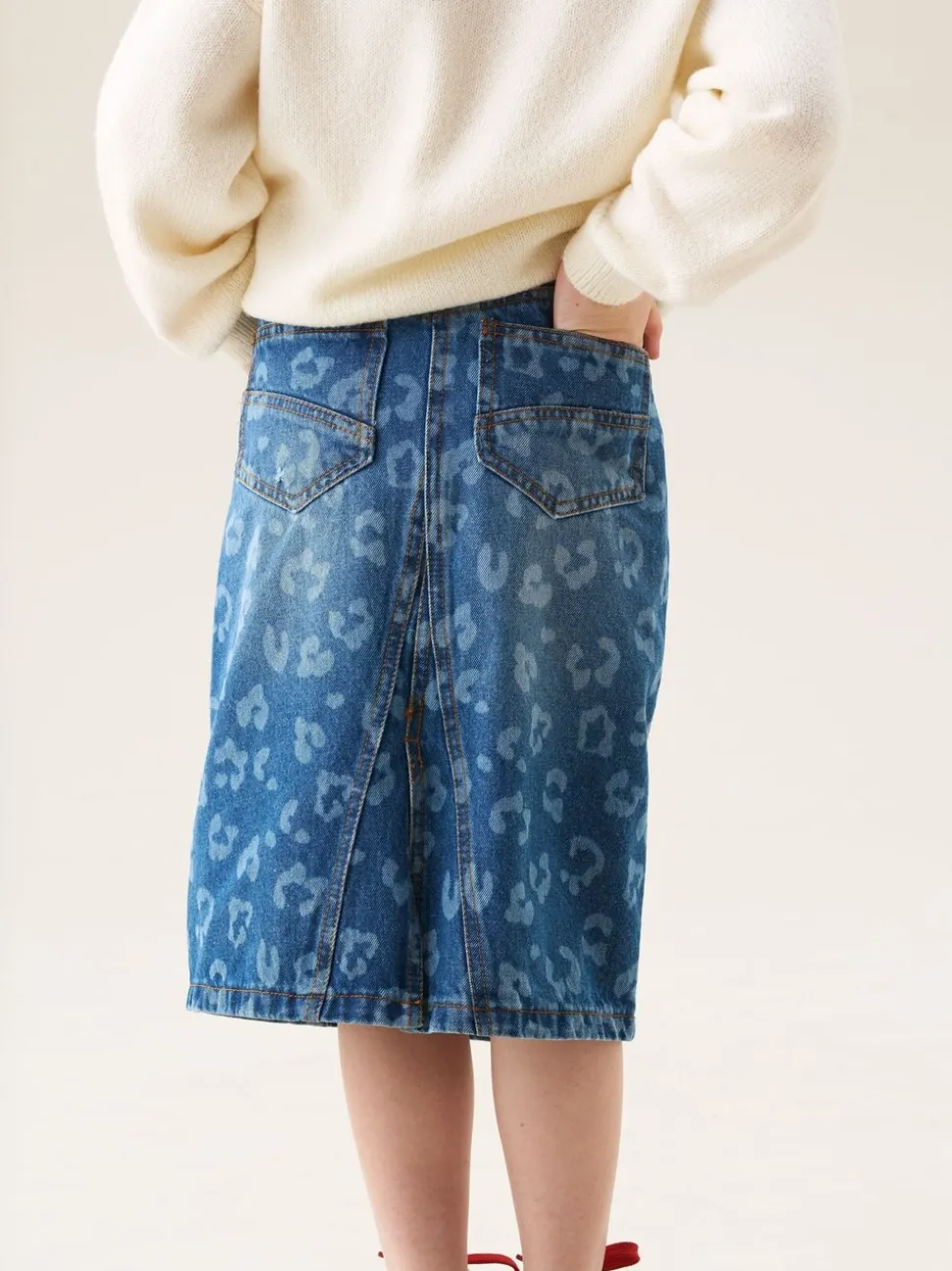 Angel & Rocket Blue Kendal Leopard Print Denim Midi Skirt