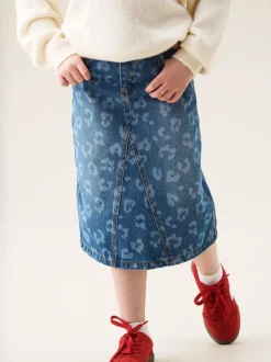 Angel & Rocket Blue Kendal Leopard Print Denim Midi Skirt