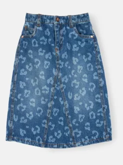 Angel & Rocket Blue Kendal Leopard Print Denim Midi Skirt