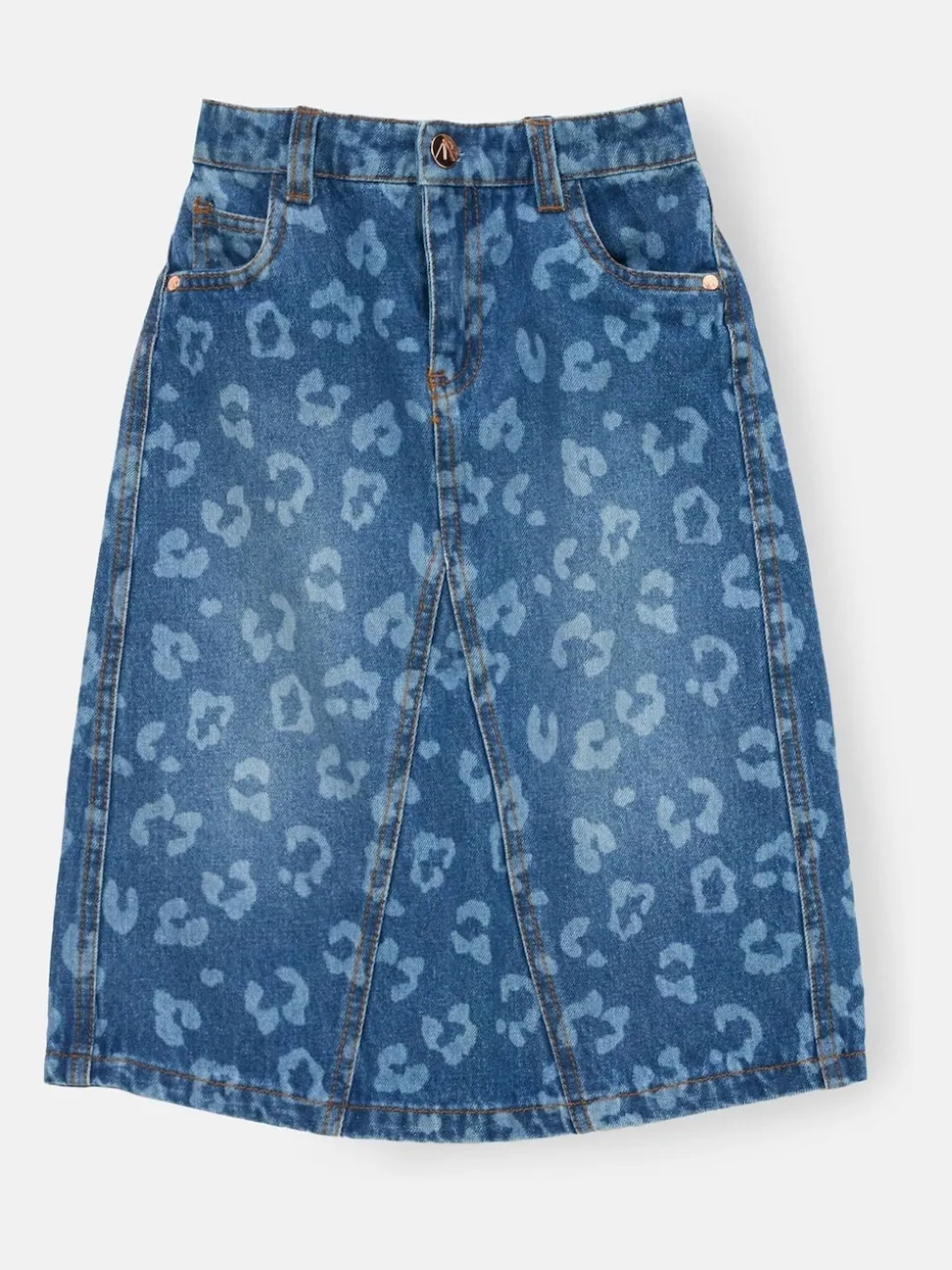 Angel & Rocket Blue Kendal Leopard Print Denim Midi Skirt