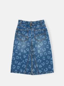 Angel & Rocket Blue Kendal Leopard Print Denim Midi Skirt