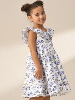 Angel & Rocket Blue Lina Frill Neck Print 100% Cotton Dress
