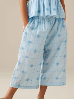 Angel & Rocket Blue Nellie Tie Waist Embroidered Wide Leg Trousers
