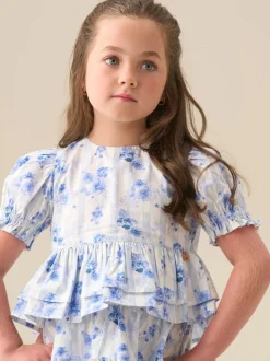 Angel & Rocket Blue Pia Floral Tie Detail Peplum Blouse
