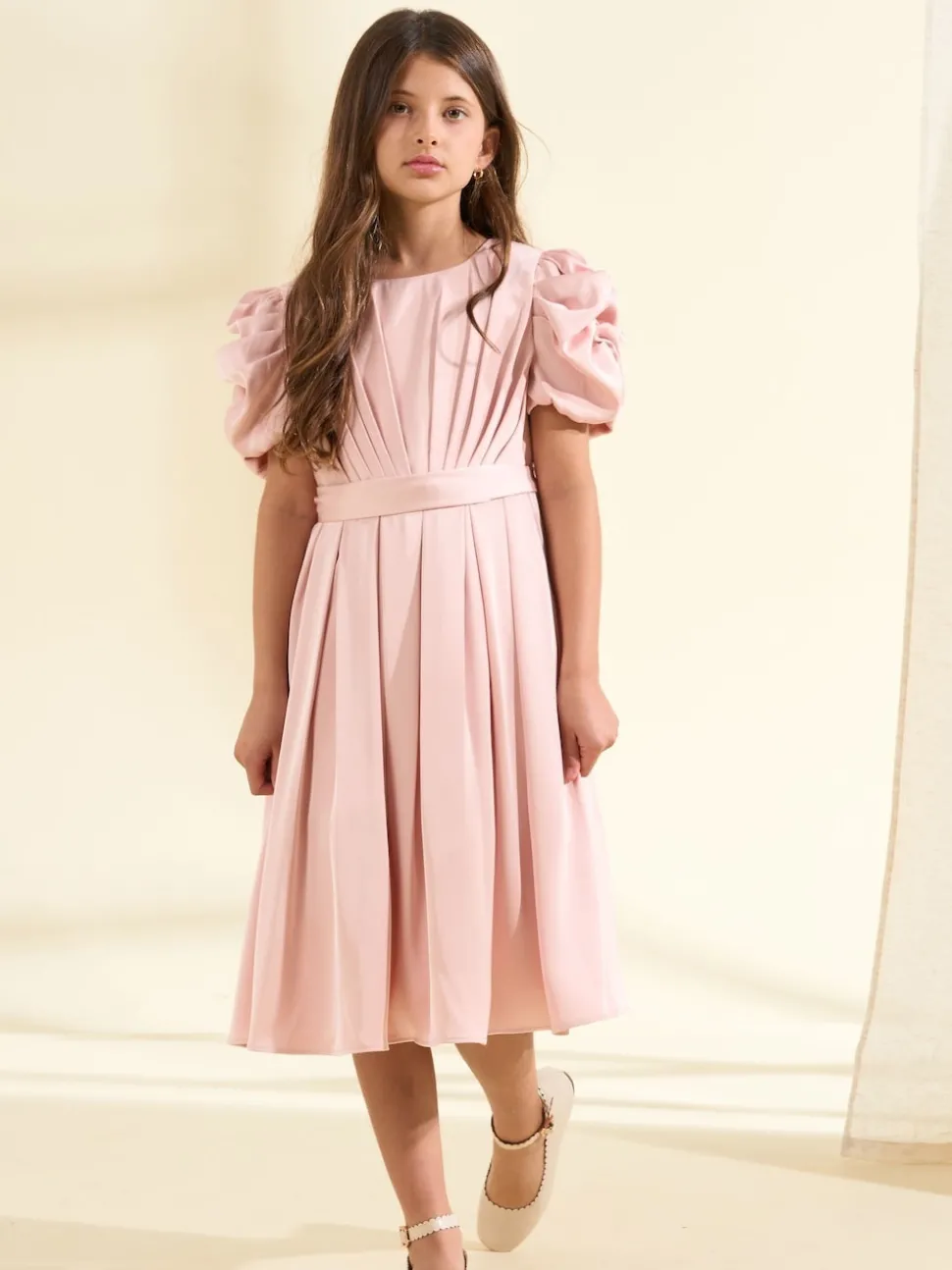 Angel & Rocket Blush Pink Portia Pleated Bodice Bow Dress