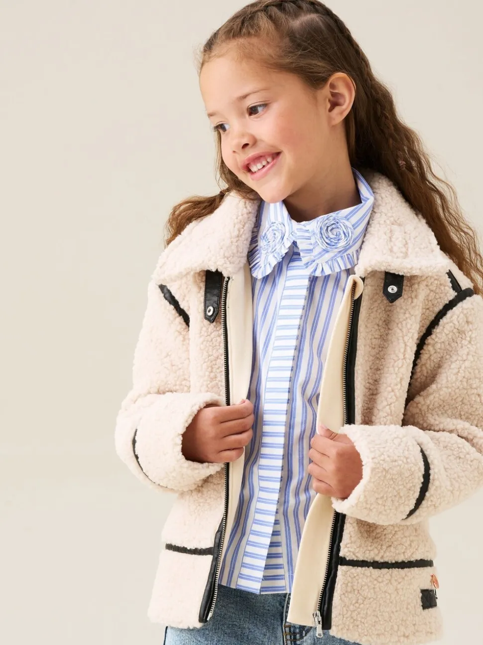 Angel & Rocket Cream Charlie Sherpa Leather Trim Jacket