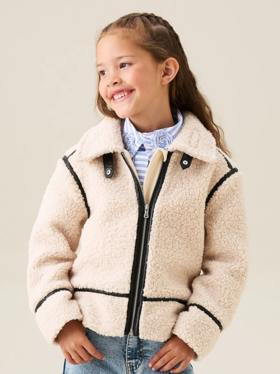 Angel & Rocket Cream Charlie Sherpa Leather Trim Jacket