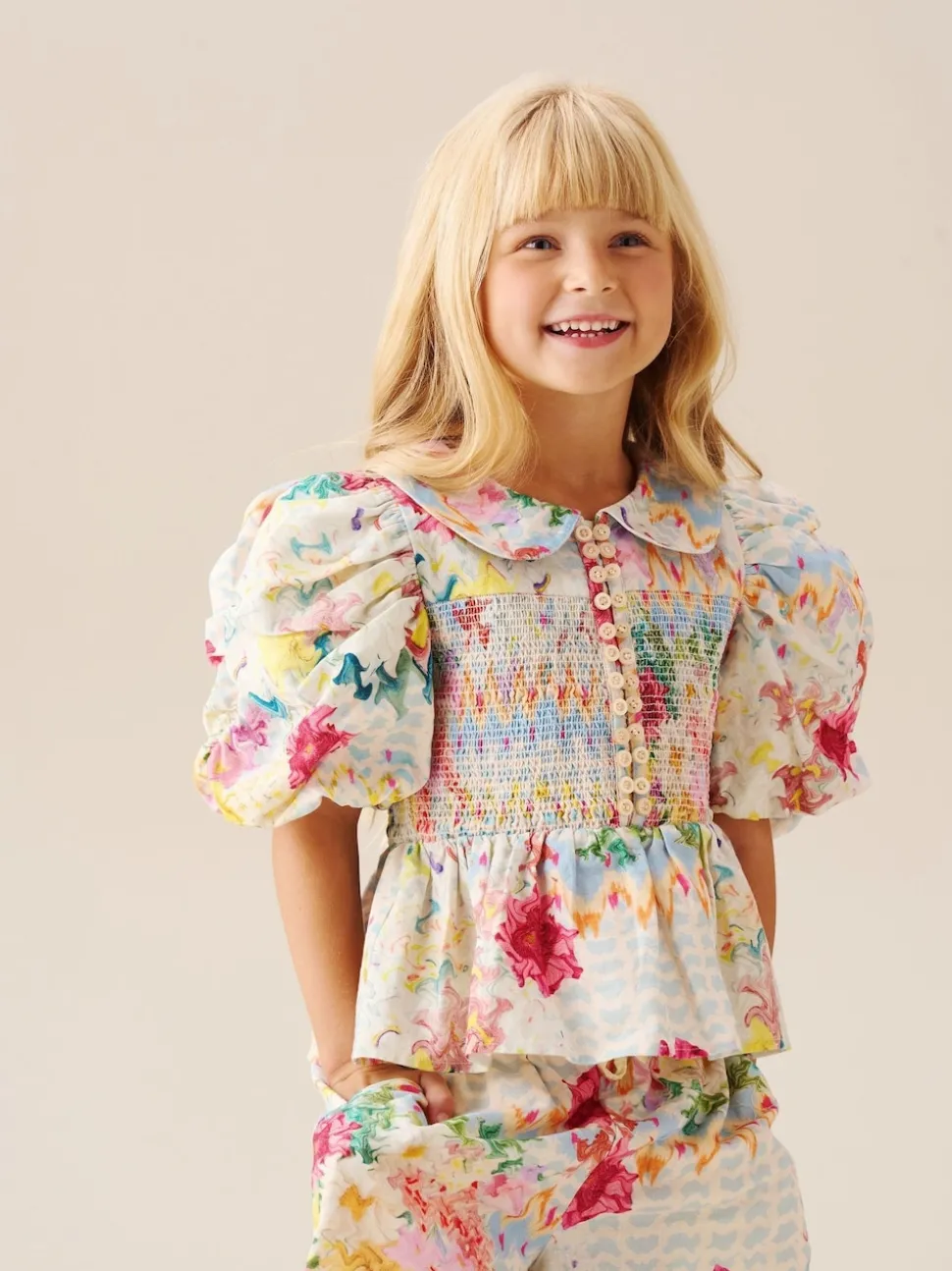 Angel & Rocket Cream Orla Multi Peter Pan Collar Shirred Blouse