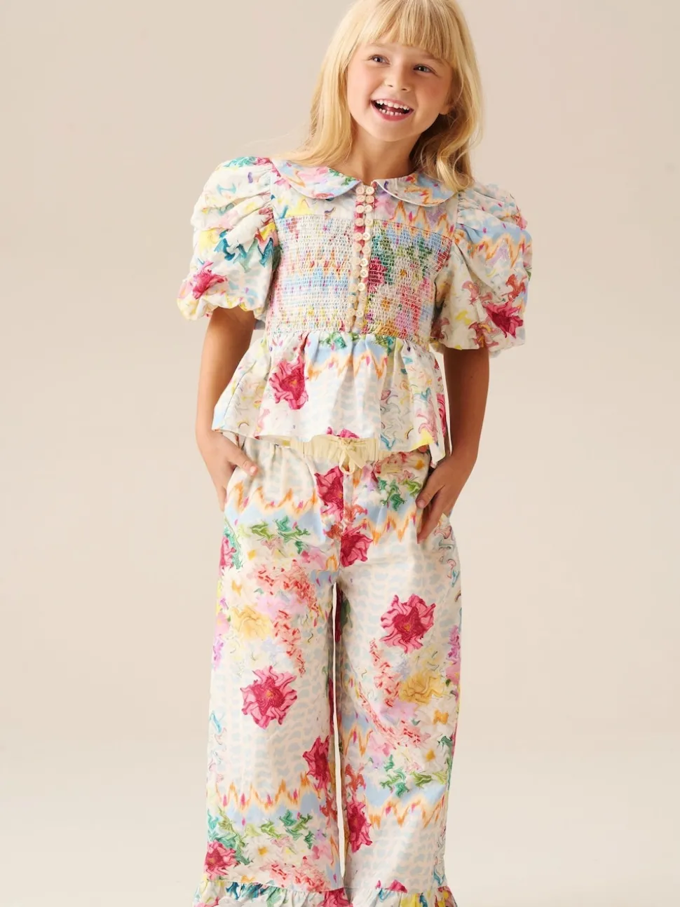 Angel & Rocket Cream Orla Multi Peter Pan Collar Shirred Blouse
