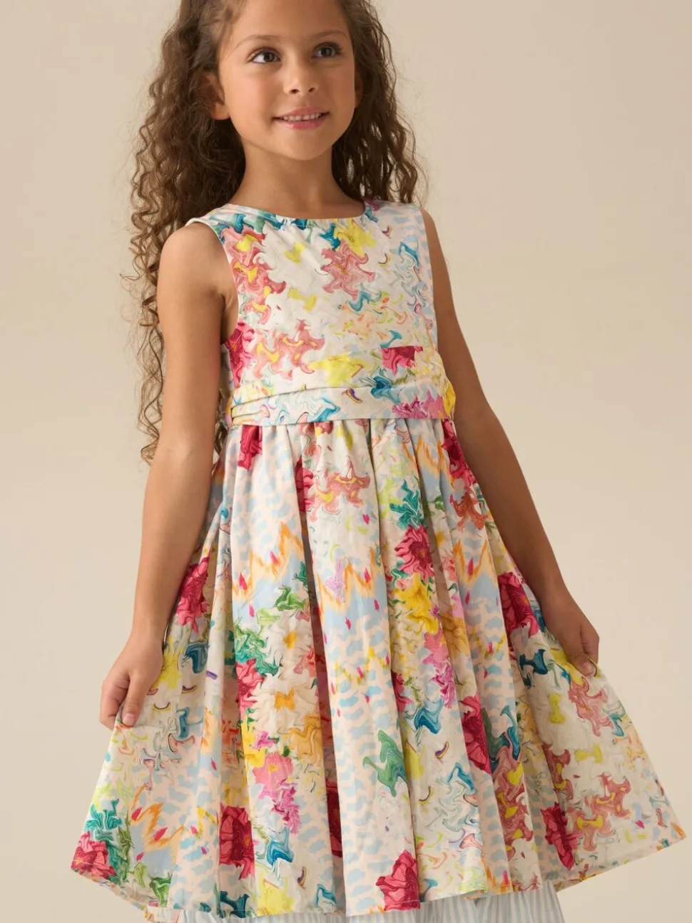 Angel & Rocket Cream Seren Print Stripe Sash Waist Dress