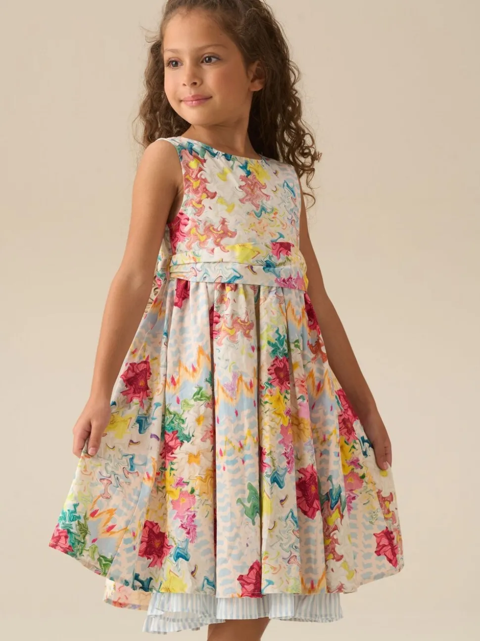 Angel & Rocket Cream Seren Print Stripe Sash Waist Dress