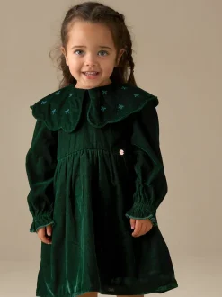 Angel & Rocket Green Dotty Scalloped Embroidered Collar Velvet Dress