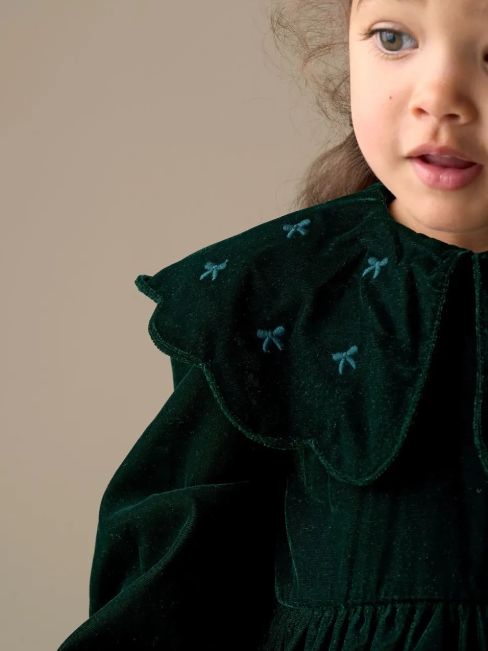 Angel & Rocket Green Dotty Scalloped Embroidered Collar Velvet Dress