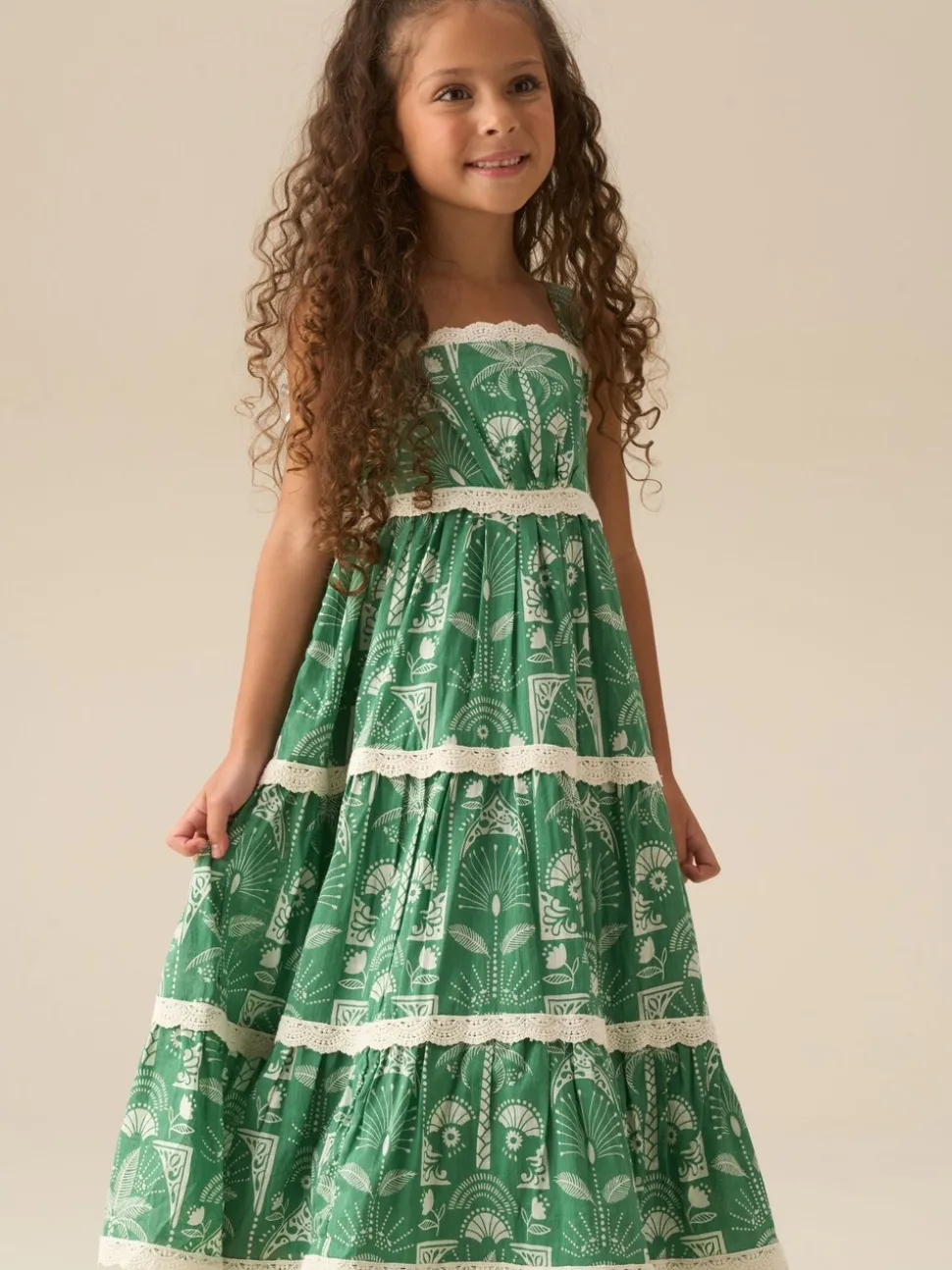 Angel & Rocket Green Kinsley Palm Print Lace Trim Tiered Dress