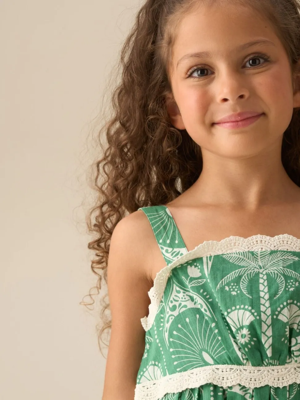 Angel & Rocket Green Kinsley Palm Print Lace Trim Tiered Dress