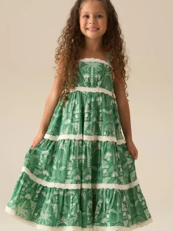 Angel & Rocket Green Kinsley Palm Print Lace Trim Tiered Dress