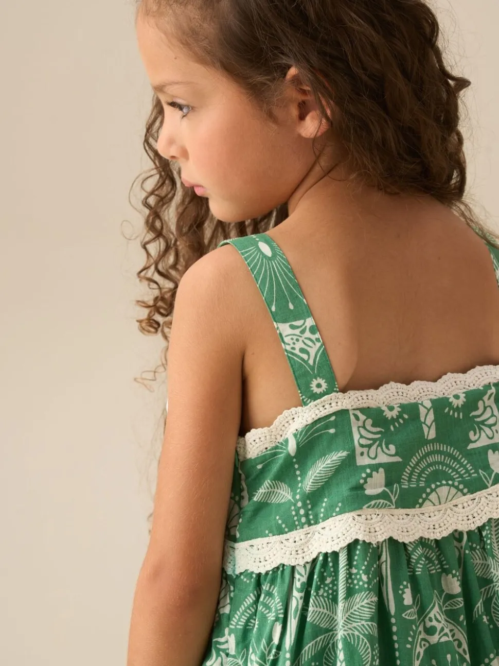 Angel & Rocket Green Kinsley Palm Print Lace Trim Tiered Dress