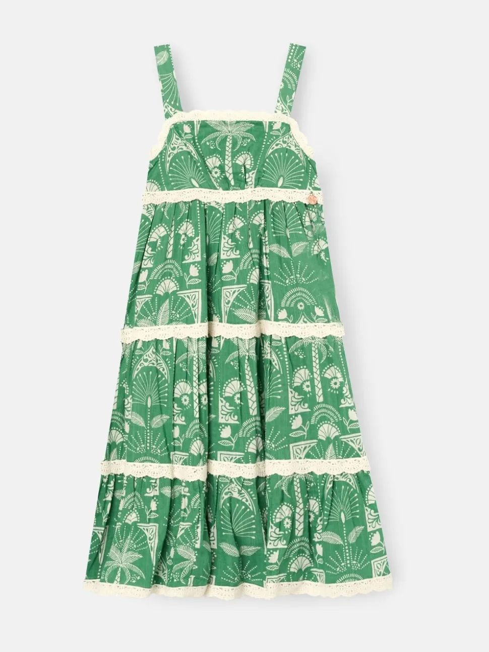 Angel & Rocket Green Kinsley Palm Print Lace Trim Tiered Dress