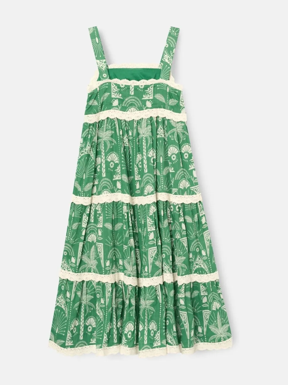 Angel & Rocket Green Kinsley Palm Print Lace Trim Tiered Dress